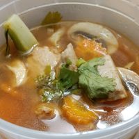 Tom yum with chikin. Flavorful at Salaya Plant-Based Kitchen in Los Angeles
