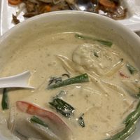 Veg dumplings in curry   at Salaya Plant-Based Kitchen in Los Angeles