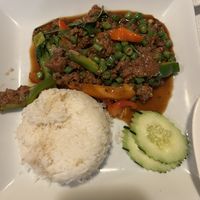Beef and veggies with rice   at Salaya Plant-Based Kitchen in Los Angeles