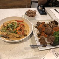 The fish curry is incredible! Garlic noodles are great too  at Salaya Plant-Based Kitchen in Los Angeles