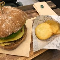 Burger and hashbrowns at Loving Hut in Louvain-la-neuve