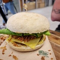 cheese burger at Loving Hut in Louvain-la-neuve