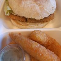 Fish burger and "scampis" at Loving Hut in Louvain-la-neuve