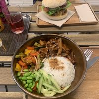 Sweet sour ‘chicken’ and burger deluxe   at Loving Hut in Louvain-la-neuve