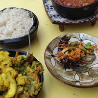 Cauliflower dish bottom left. Special eggplant made in fire top right. at Wannas Art Cafe in Luxor