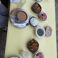 Lentil soup, Moussaka, fresh pita, tomato-onion salad, and green dip   #Veganuary at Wannas Art Cafe in Luxor