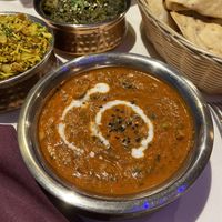 Vegan tikka masala (14/10) with veg rice, sag aloo and naan in background at Indus Express in Stourbridge