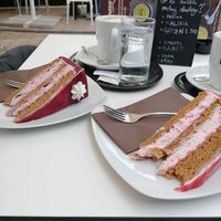 Delicious... Two of their many vegan cakes... at Kavarnica CukrDoza - Maybe closed in Maribor