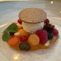 Fruit dessert with mango mousse, coconut icecream and gluten free buckwheat cookie.  at Paradiso Pure Living Vegan Hotel in Kastelruth