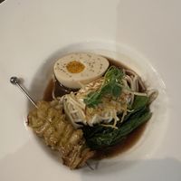 Ramen w vegan egg, mushroom skewer, bok choy   at Paradiso Pure Living Vegan Hotel in Kastelruth