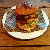 Big "V" Vegan Burger - bacon, cheese, and barbeque sauce at The Rusty Bicycle in Oxford