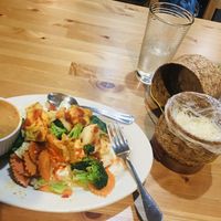 Sticky rice, spicy steamed veggies & peanut sauce. The best food ever for a plant based foodie boss. at Bay View Thai Kitchen in Depoe Bay