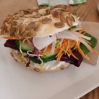 Bagel with cream cheese at Cafe Vux in Berlin