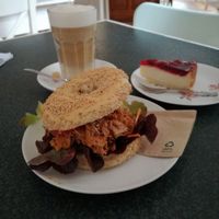 Seitan bagel, raspberry cheesecake and a soy latte (I'm not sure anymore:) at Cafe Vux in Berlin