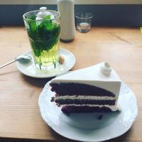 Fresh mint tea & cocoa cherry cake :) at Cafe Vux in Berlin