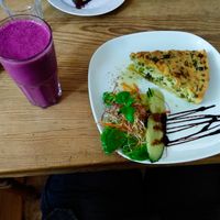 Zucchini Quiche and berry-ginger lassi at Vux at Cafe Vux in Berlin