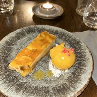 Mango, passion fruit and vanilla cheesecake (the vegan option, of course) & sorbet  at Nant Y Felin in Denbigh