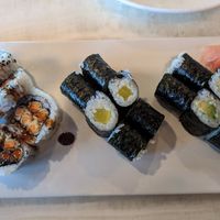 Sushi from left to right: sweet potato roll, oshinko roll, avocado roll. at Dong Po in Appleton