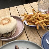 Sausage stottie and fries   at The Boatyard in North Shields