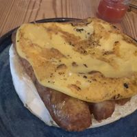 Vegan stottie with sausage and ‘omelette’   at The Boatyard in North Shields