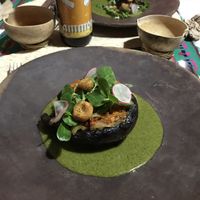 4th course - amazing smoky portobello mushroom filled with onion and veg and with mole verde sauce! at Teocintle - Tika'aya in Oaxaca