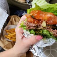 Yucatán burger with beyond patty in a lettuce wrap. And fries, of course. at Morty's Cafe - St George in St George