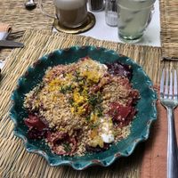 Beetroot & preserved lemon fresh pasta, topped with nuts  at La Famille in Marrakech