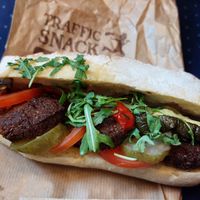 "Tel Aviv Ciabatta" (5.90€) with falafel and grilled veggies at Traffic Snack - Hauptbahnhof in Frankfurt