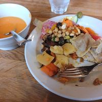 Sweet potato-chili soup, salad options, cooked root vegetables and mushroom-truffel raviolis 😋 at Zilla in Vantaa