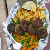 Very nice homemade vegan bean patties with vegan sauce/veganaice at Bodilles Kro in Skagen