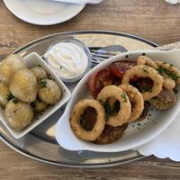 Bean patties, potatoes and onion rings  at Bodilles Kro in Skagen