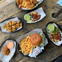 Everything we got and fried chik’n in bottom left corner.  at Korny Vibes in Houston