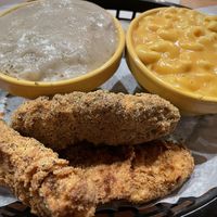 Fried chick’n, mashed potatoes, and mac & chz  at Korny Vibes in Houston