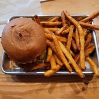 Nashville hot chick'n with fries at Korny Vibes in Houston