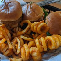 Slider trio - spicy chick'n, buffalo chick'n, beyond burger sliders with curly fries at Korny Vibes in Houston
