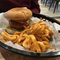 Buffalo chicken burger at Korny Vibes in Houston