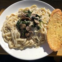 Fettuccini Alfredo with mushrooms. Best vegan alfredo I’ve had; so delicious! at Korny Vibes in Houston