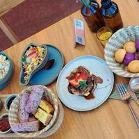 Pancake 🥞,  pão de queijo,  açai,  and fruit salad at Cajui in Sao Paulo