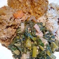 Delicious Rasta vibe combining Jamaican & Ethiopian flavors. Jerk jackfruit stew, Mesir Wat, Red beans & rice, and Calaloo. at Sound & Savor in Oakland