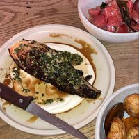 Roast hispi cabbage, curry leaf water melon salad.  at Bubala - Spitalfields in East London