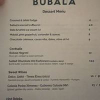 Dessert menu   at Bubala - Spitalfields in East London