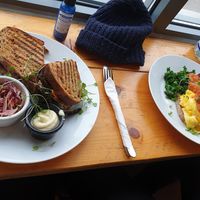 Vegan ricotta mushroom toastie & saucy scrambled eggs (not vegan) at Groundstate Coffee in Dublin