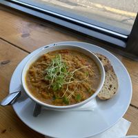 Lentil dal with bread  at Groundstate Coffee in Dublin