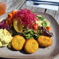 One vegan lunch option. Falafel with curry dip at Systrarna Skogströms Lantcafe in Oer