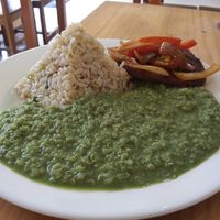 Pyramid of brown rice, quinoa with basil, mock ham slice with sauteed vegetables at Ganimedes in Piura
