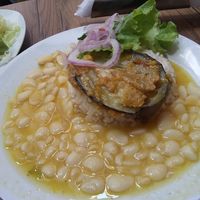 Lima beans, white rice, with some fried thing on top at Matheos - Tacna in Piura