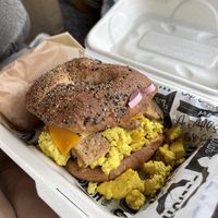 Sausage, bacon, egg & cheese on everything bagel  at Birch Cafe in Highland Heights