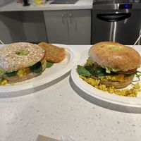Bagel sandwich with avocado, tomato, spinach, tofu scramble, and “cheese"  at Birch Cafe in Highland Heights