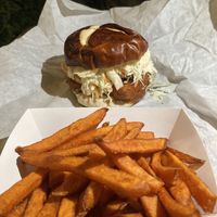Spicy chicken sandwich and sweet potato fries   at Loving Hut in Redlands