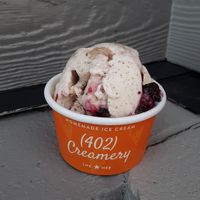 Trailblazer (V, DF, GF) - almond butter ice cream w/ mixed berry swirls, oat crunch, & dark chocolate chips at (402) Creamery in Lincoln